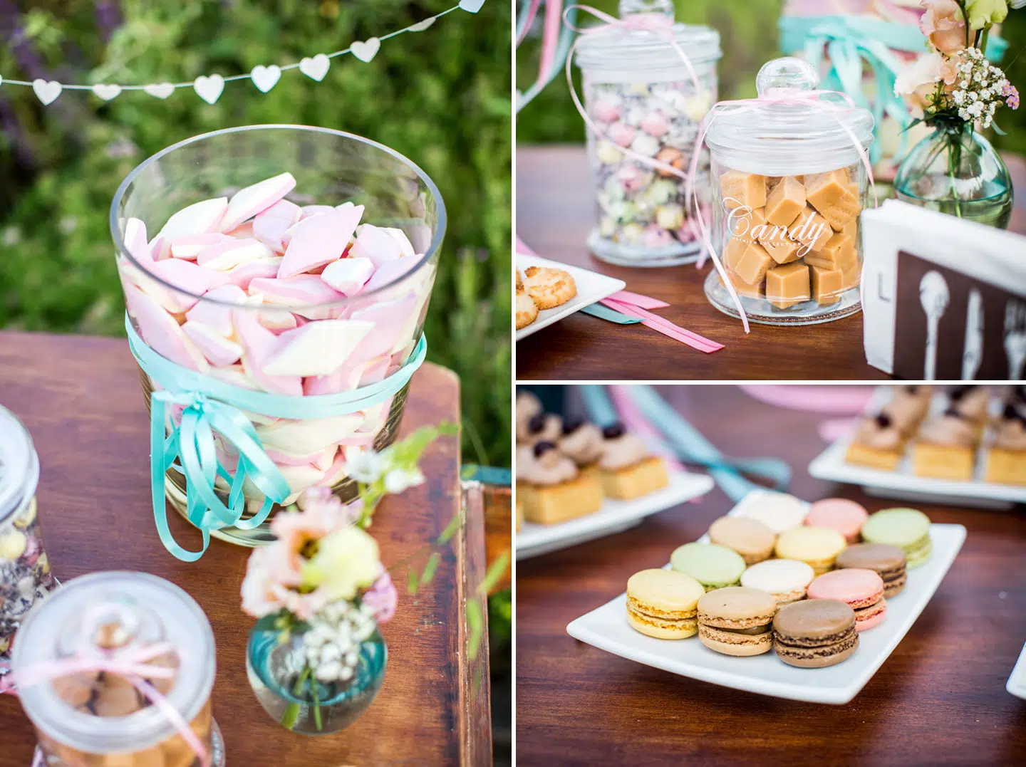 Macarons en snoep op een sweet table tijdens een bruiloft