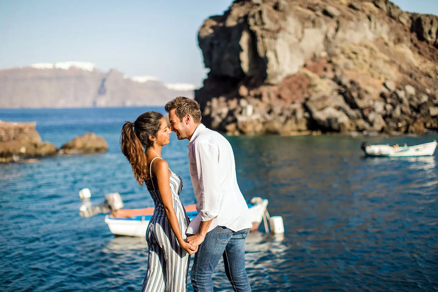 Santorini engagement shoot of a couple in love