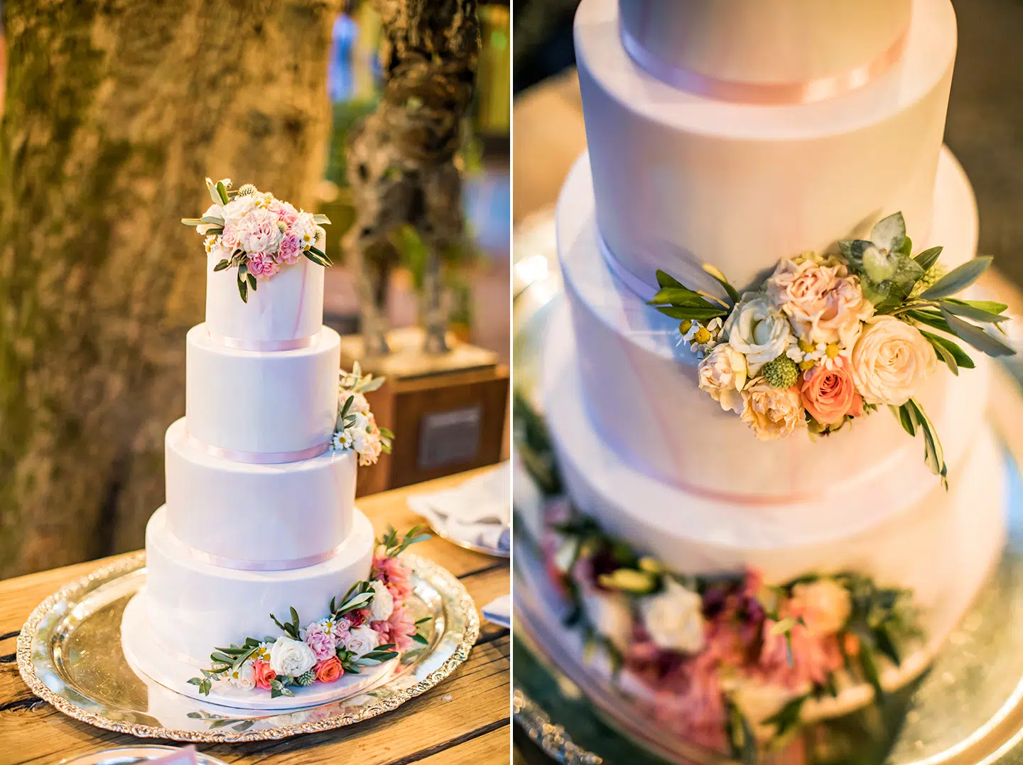 Nude bruidstaart met 4 lagen en zomerse bloemen