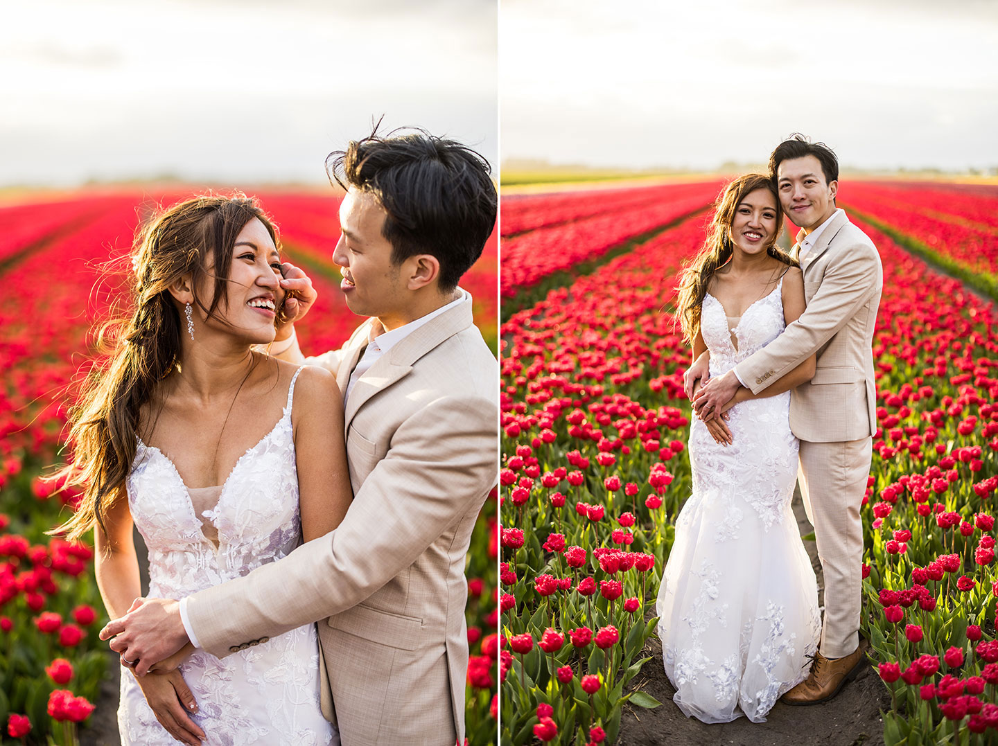 Couple photoshoot in tulip fields at sunset 