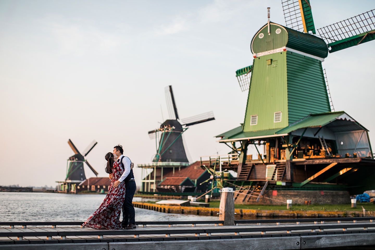 Prewedding shoot at sunset with windmills