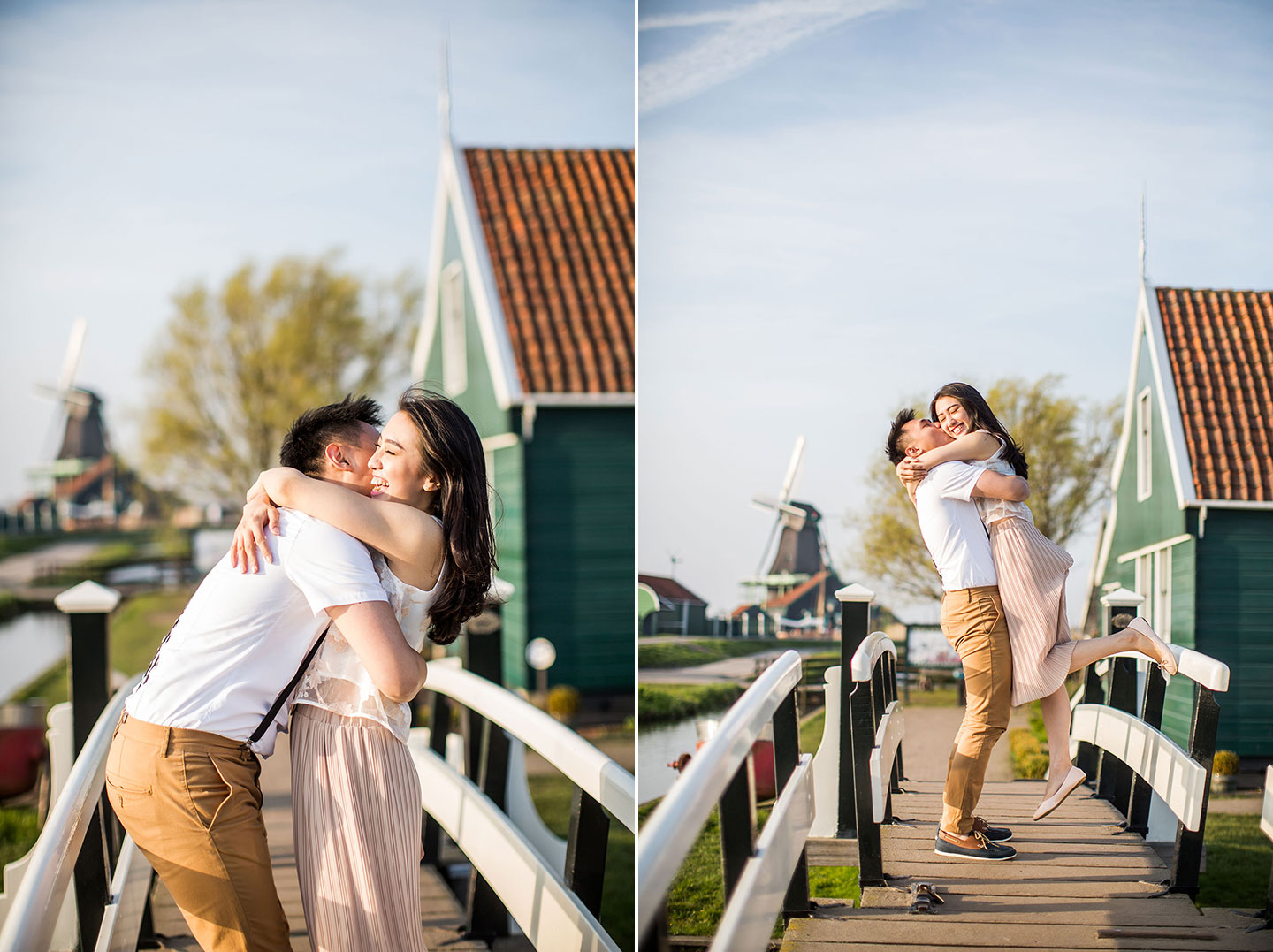 Prewedding shoot of an asian couple at sunset at Zaanse Schans