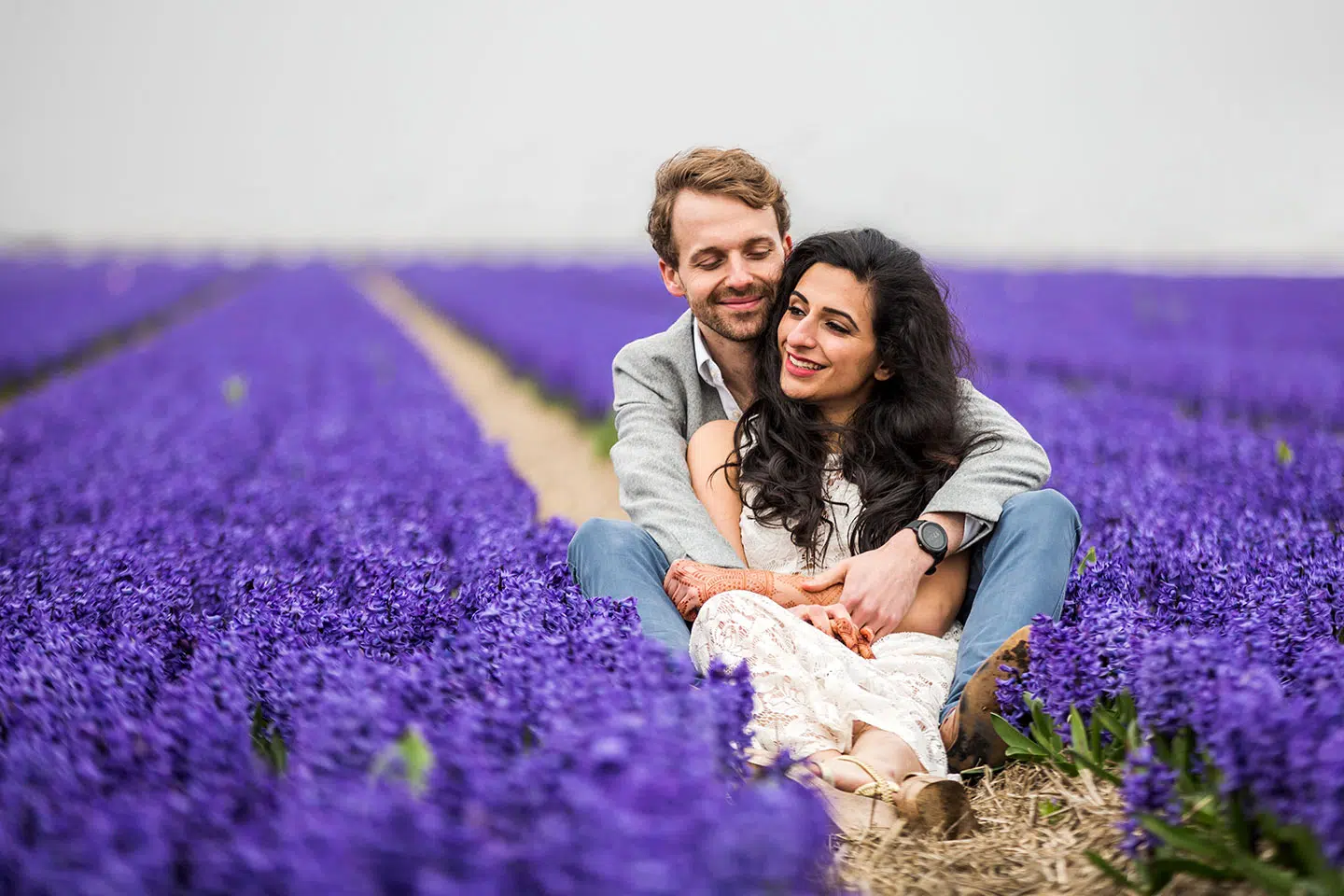 Prewedding shoot in purple flower fields