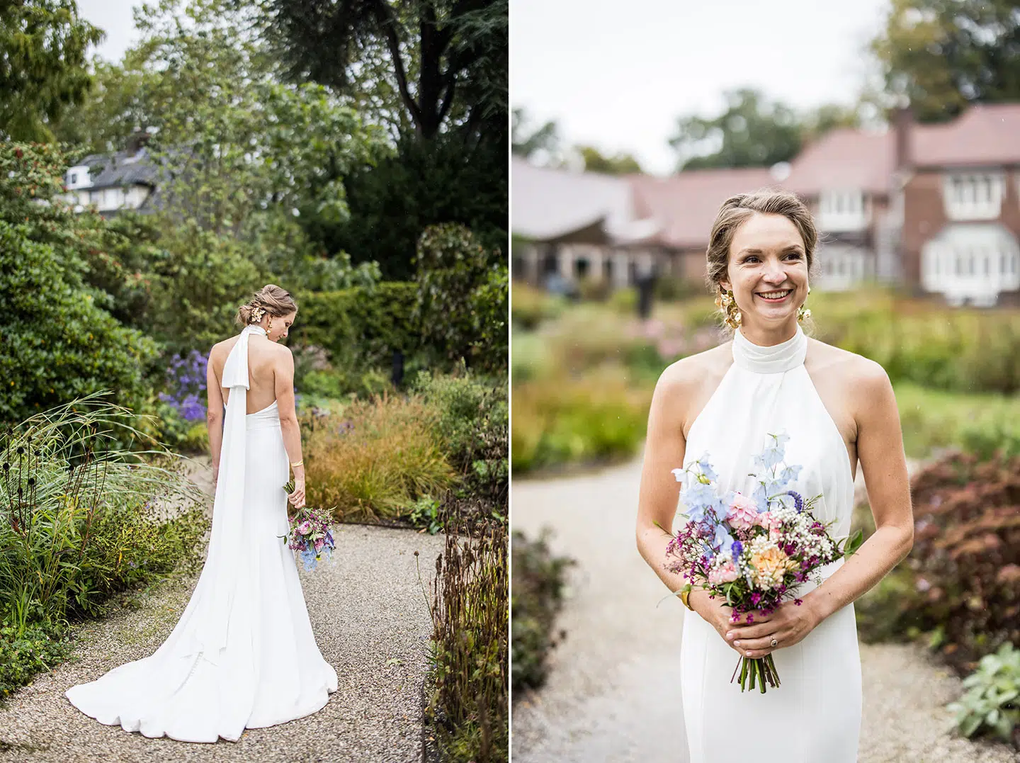 Bruid tijdens trouwfotografie in de tuin van Singer Laren