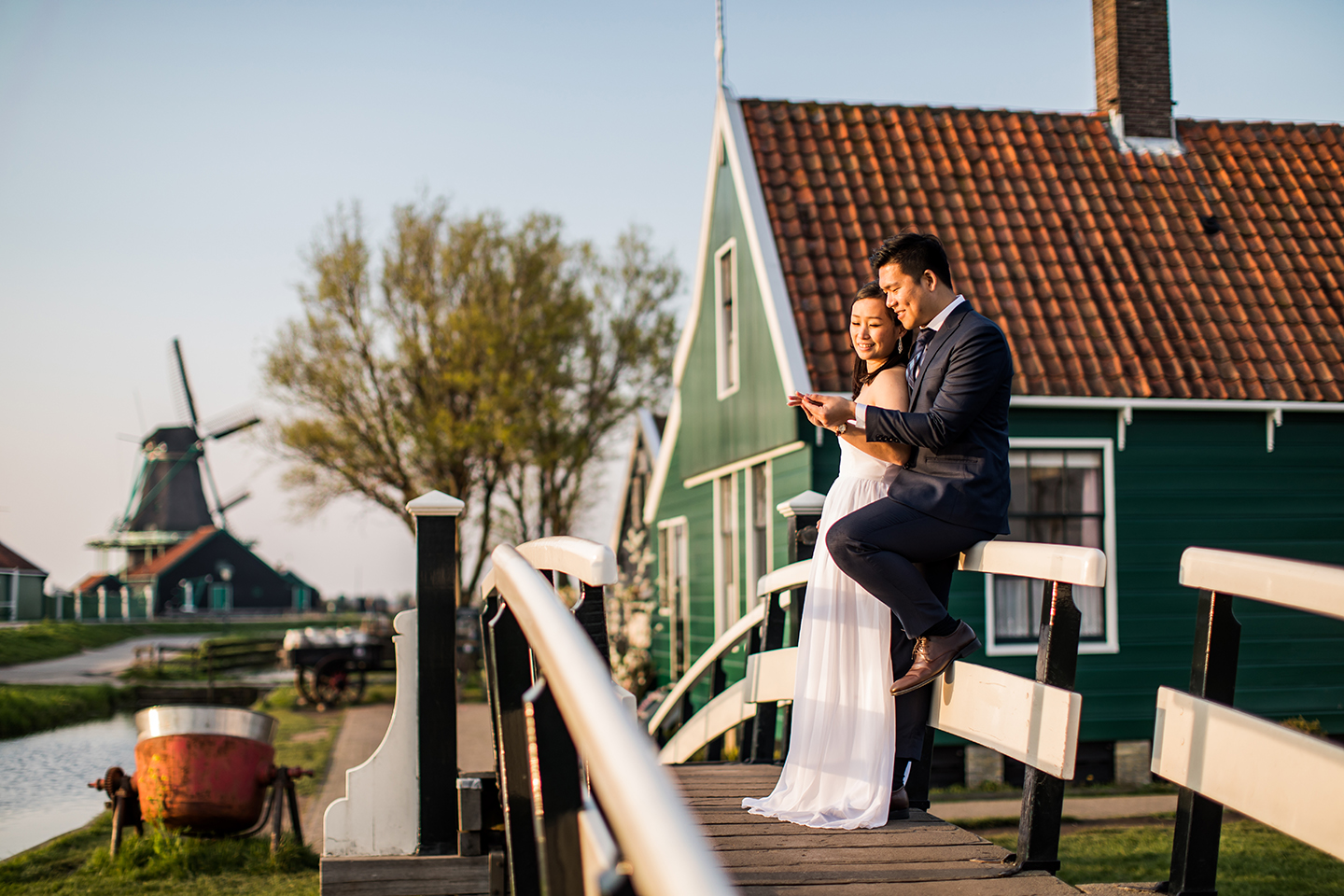 Prewedding shoot at sunset with windmills